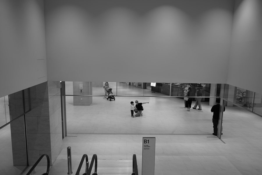 People seen from a lower-level entrance